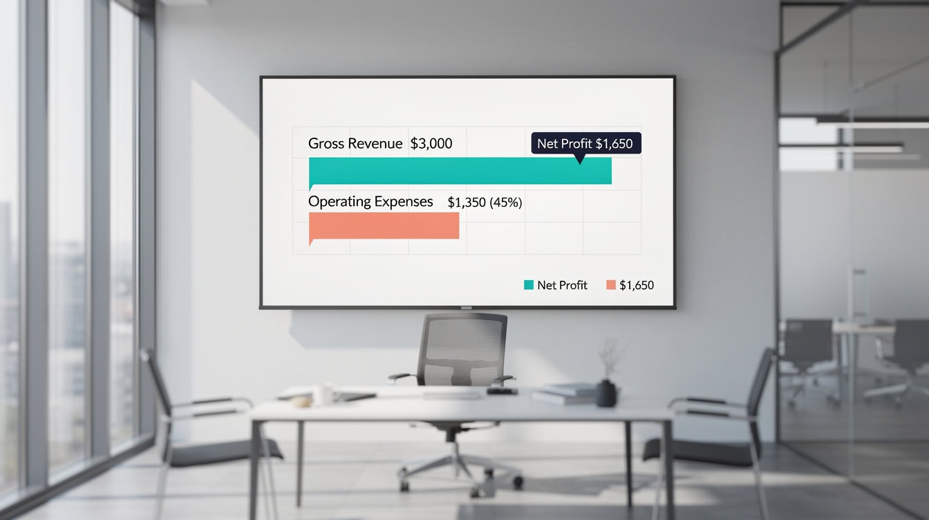 Bar chart comparing gross Airbnb revenue of 00 against operating expenses of 50 showing 45 expense ratio | eFinancialModels Bar chart comparing gross Airbnb revenue of ,000 against operating expenses of alt=