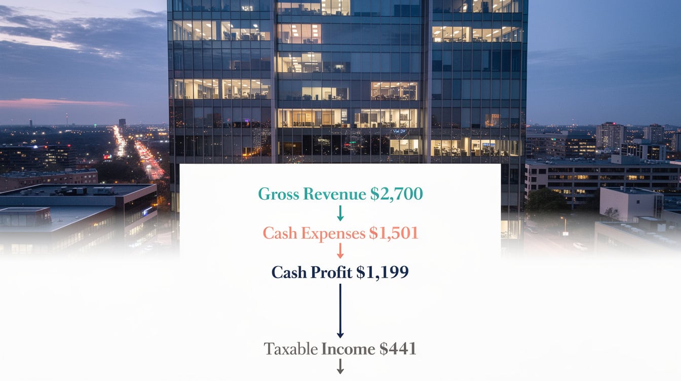 Vertical calculation flow showing Airbnb monthly profit 00 revenue minus 01 expenses equals 99 cash profit minus 8 depreciation equals 1 taxable income | eFinancialModels Vertical calculation flow showing Airbnb monthly profit: