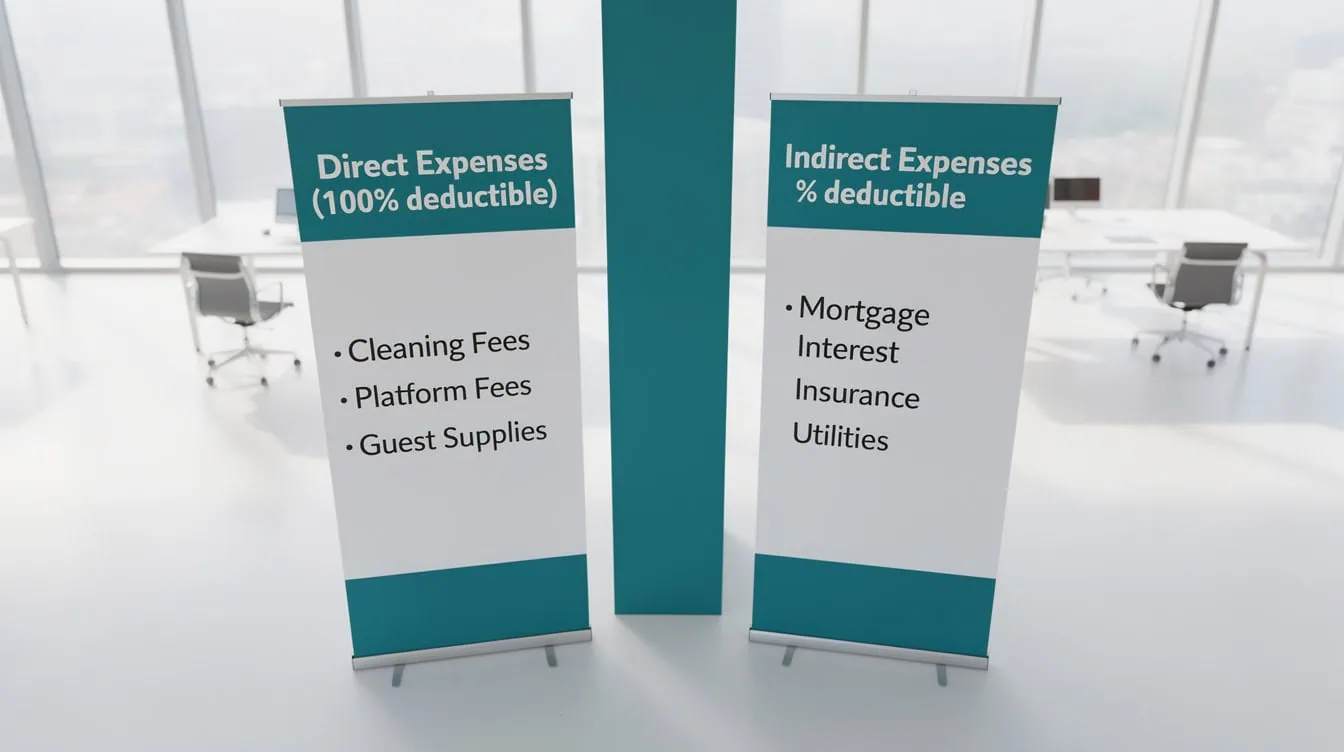 Split illustration comparing direct Airbnb expenses that are 100 deductible versus indirect expenses that require proportional allocation on Schedule E | eFinancialModels Split illustration comparing direct Airbnb expenses that are 100% deductible versus indirect expenses that require proportional allocation on Schedule E