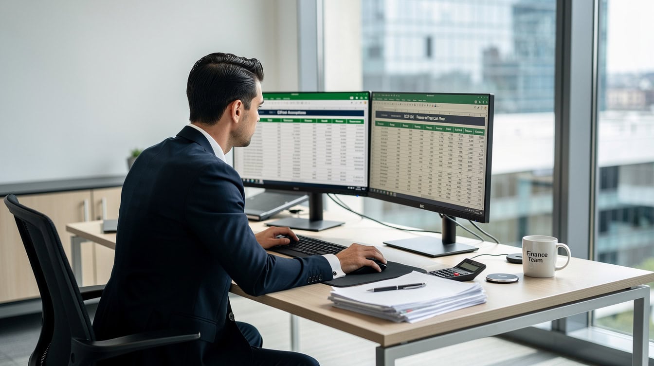 Financial analyst reviewing multifamily apartment financial model template on monitor with rent roll and returns summary tabs visible | eFinancialModels Financial analyst reviewing multifamily apartment financial model template on monitor with rent roll and returns summary tabs visible
