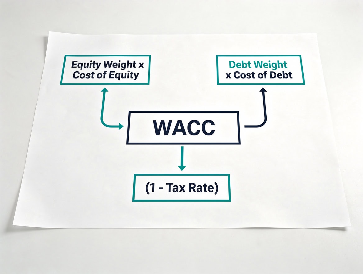 WACC formula diagram showing cost of equity via CAPM and after-tax cost of debt with example values | eFinancialModels WACC formula diagram showing cost of equity via CAPM and after-tax cost of debt with example values