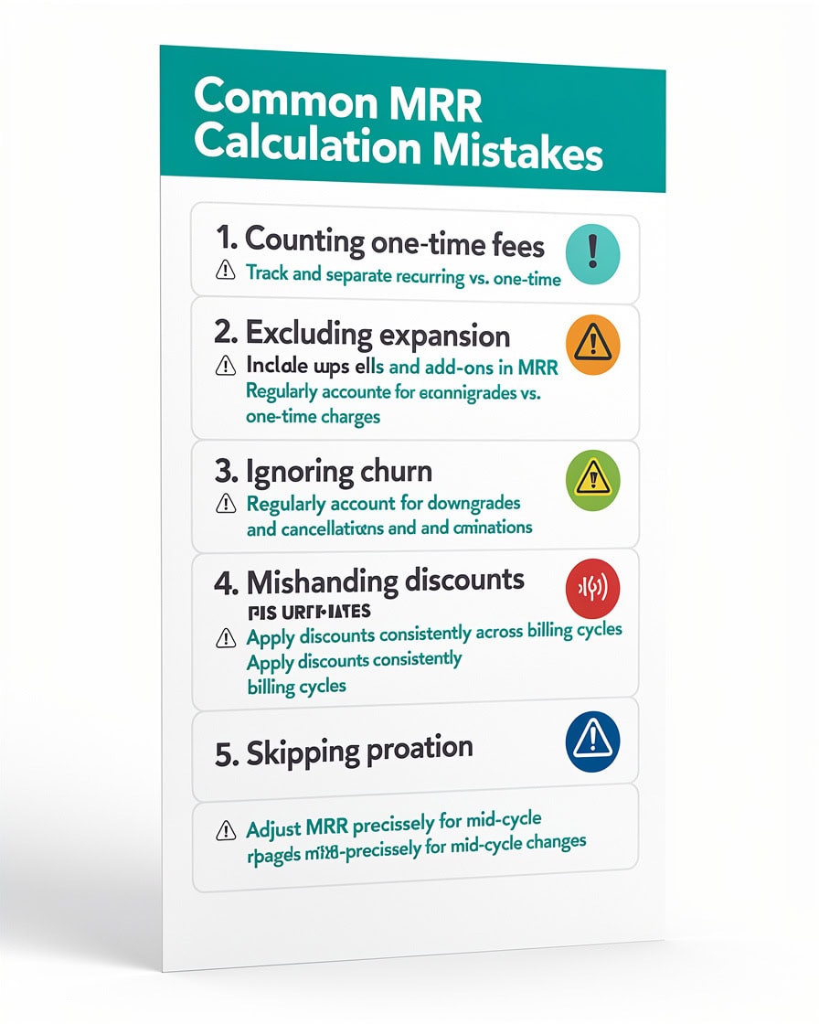 Diagram showing the five MRR components connected by arrows Start MRR plus New MRR plus Expansion MRR minus Churned MRR minus Downgrade MRR equals End MRR | eFinancialModels Infographic titled Common MRR Calculation Mistakes listing counting one-time fees, excluding expansion, ignoring churn, mishandling discounts, and skipping proration