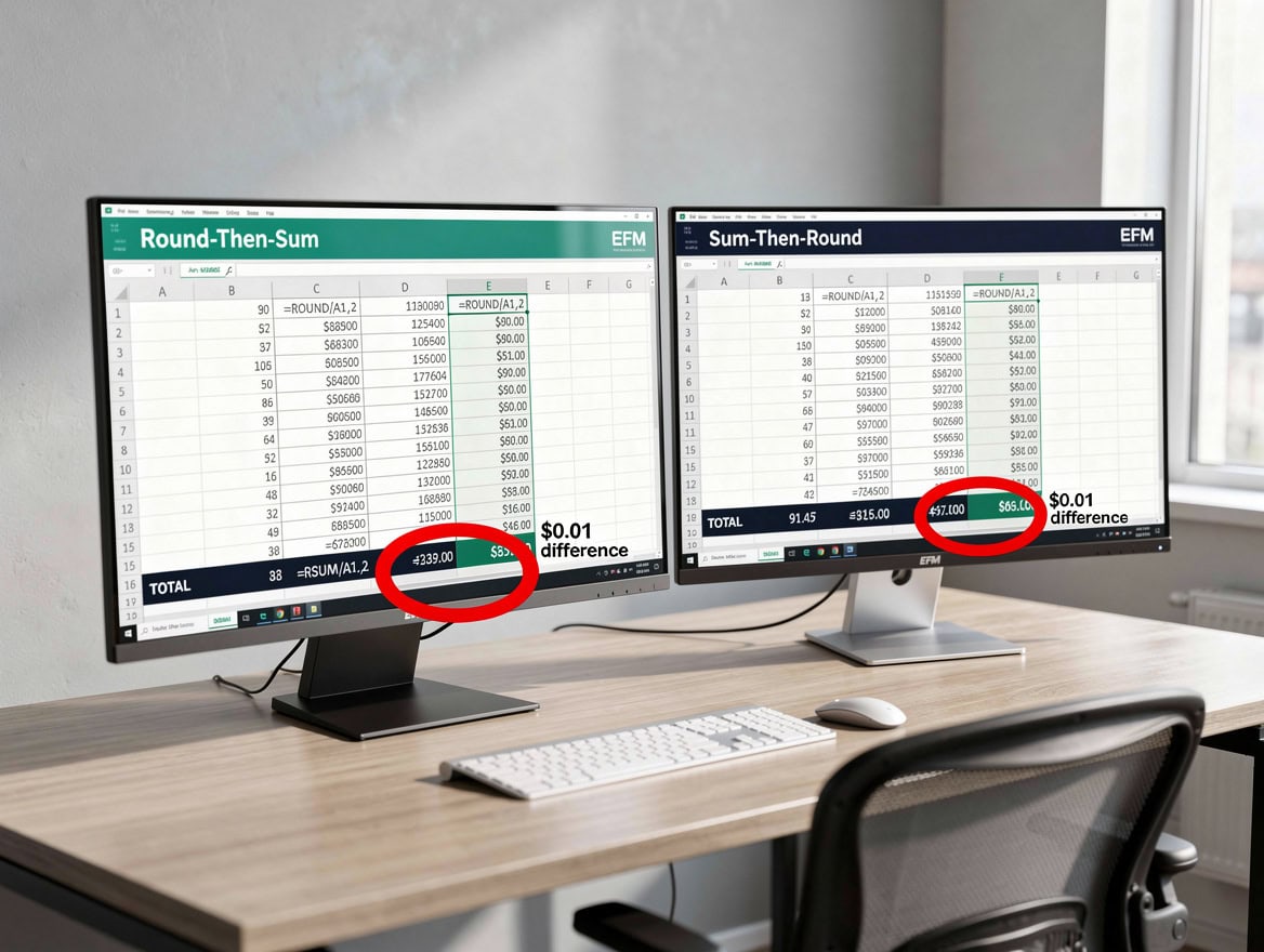 Excel worksheet showing rounding error where formatted cells sum to 371 but displayed values suggest 372 versus ROUND function producing consistent 372 | eFinancialModels Excel worksheet showing rounding error where formatted cells sum to 3.71 but displayed values suggest 3.72, versus ROUND function producing consistent 3.72
