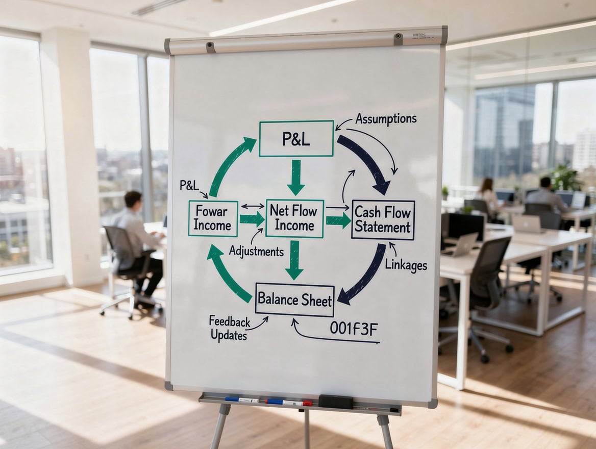 Flowchart showing the six core modules of a commercial real estate acquisition model connected in sequence | eFinancialModels Flowchart showing the six core modules of a commercial real estate acquisition model connected in sequence