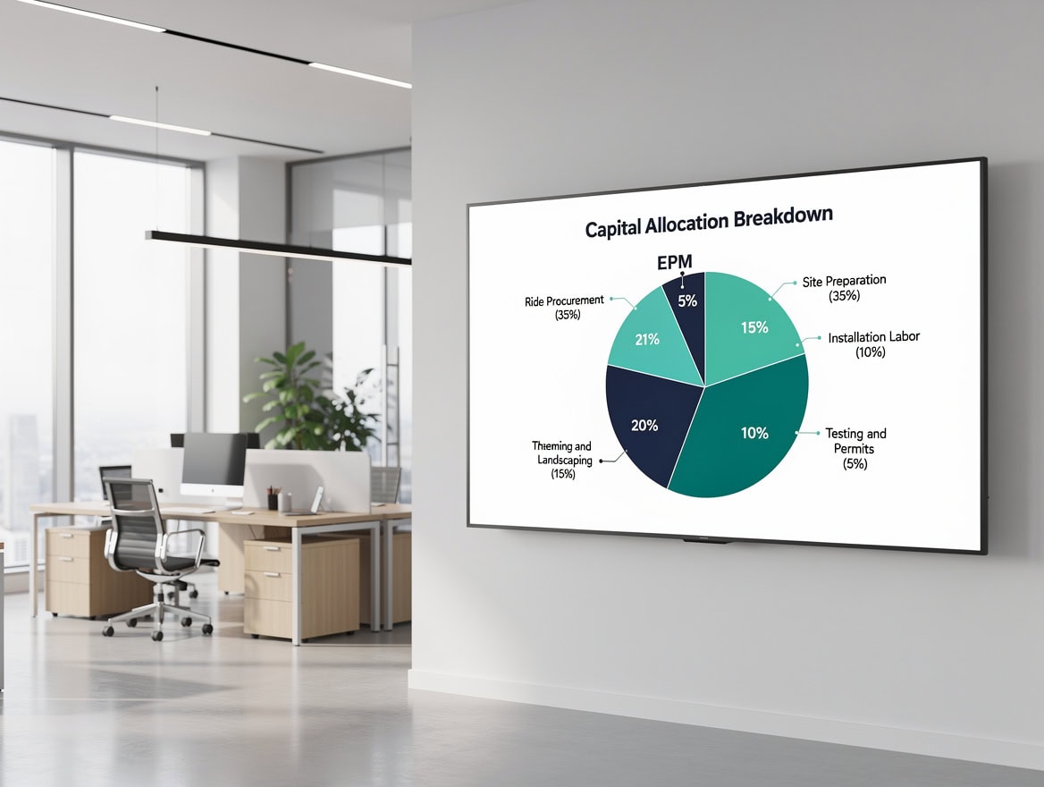 Pie chart diagram showing six roller coaster project cost categories with percentage allocations in teal and navy | eFinancialModels Pie chart diagram showing six roller coaster project cost categories with percentage allocations in teal and navy