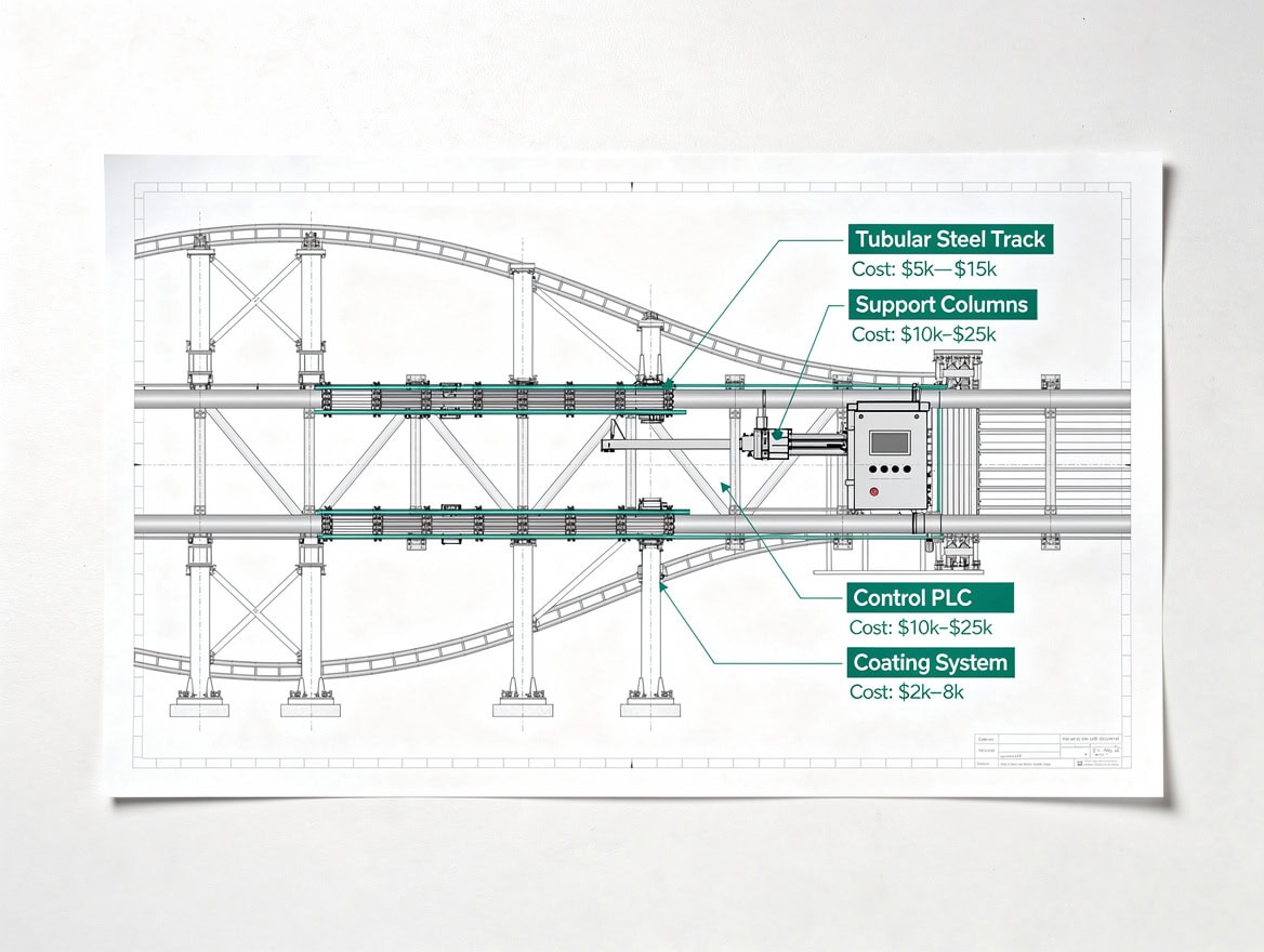 Technical cross-section diagram of steel roller coaster components with cost range annotations for each element | eFinancialModels Technical cross-section diagram of steel roller coaster components with cost range annotations for each element