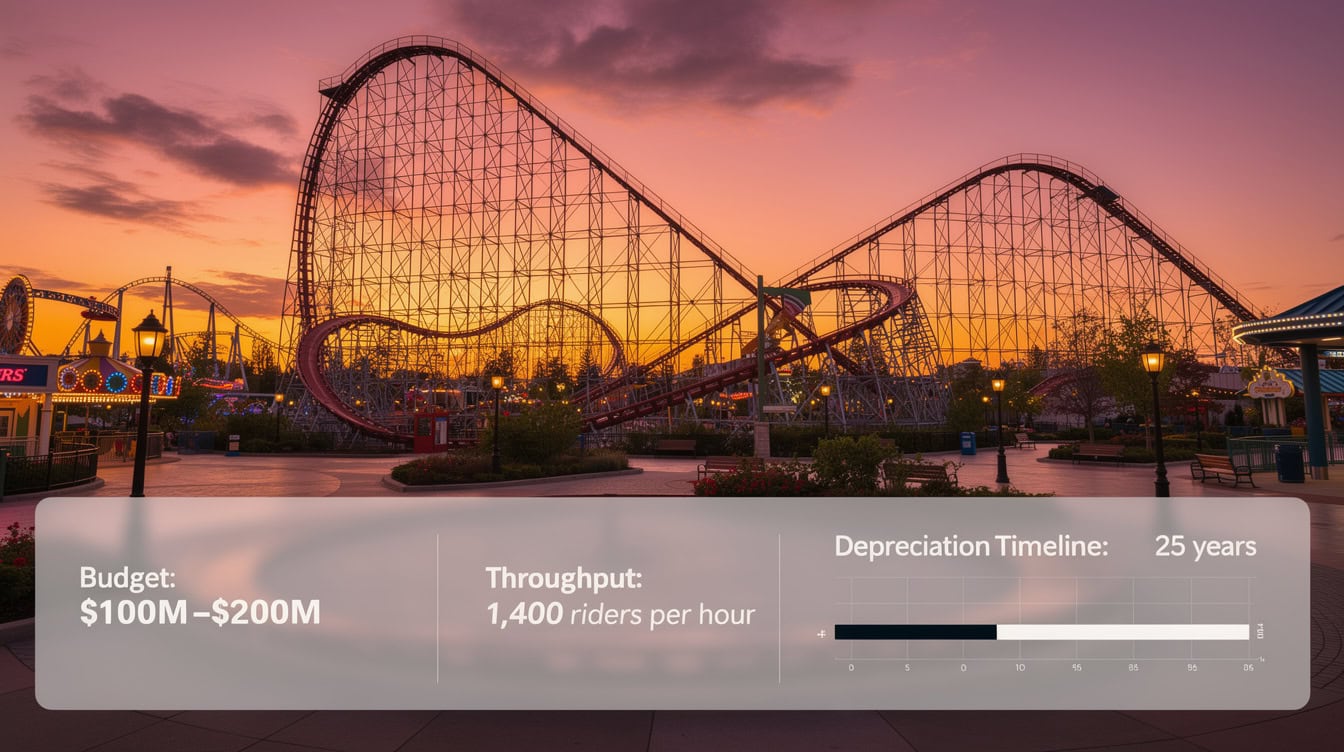 Wide illustration of a giga coaster silhouette with financial dashboard overlay showing budget range and throughput metrics | eFinancialModels Wide illustration of a giga coaster silhouette with financial dashboard overlay showing budget range and throughput metrics