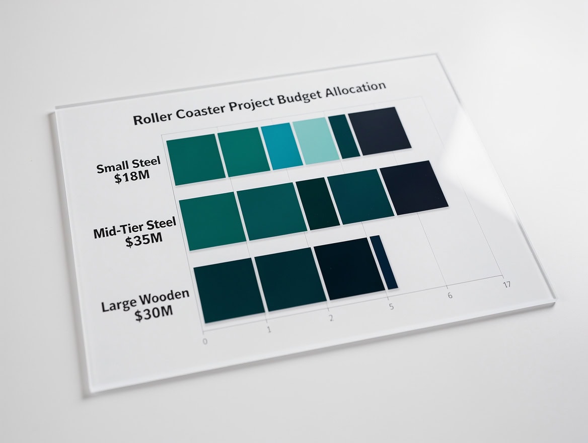 Horizontal stacked bar chart comparing budget allocation across three roller coaster project tiers in six cost categories | eFinancialModels Horizontal stacked bar chart comparing budget allocation across three roller coaster project tiers in six cost categories