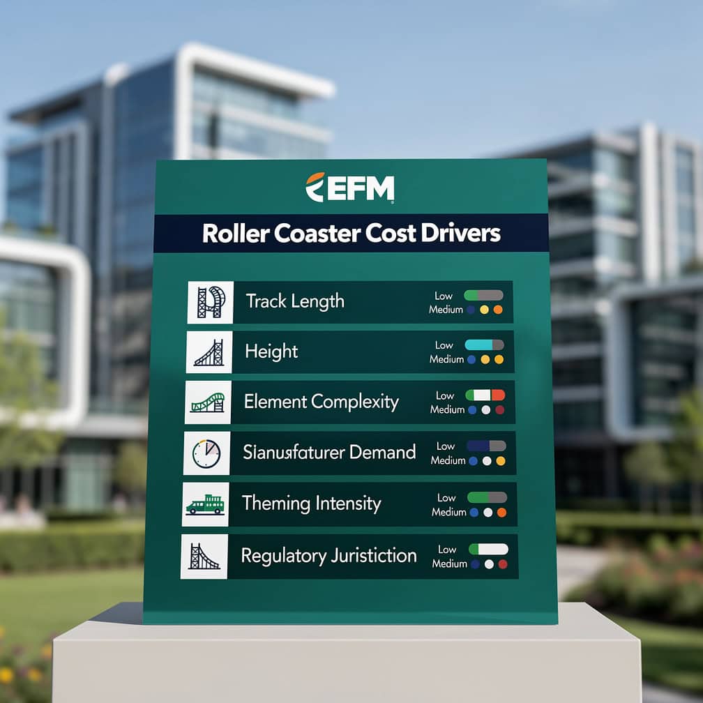 Square infographic ranking seven roller coaster cost driver variables by financial impact from track length to regulatory jurisdiction | eFinancialModels Square infographic ranking seven roller coaster cost driver variables by financial impact from track length to regulatory jurisdiction