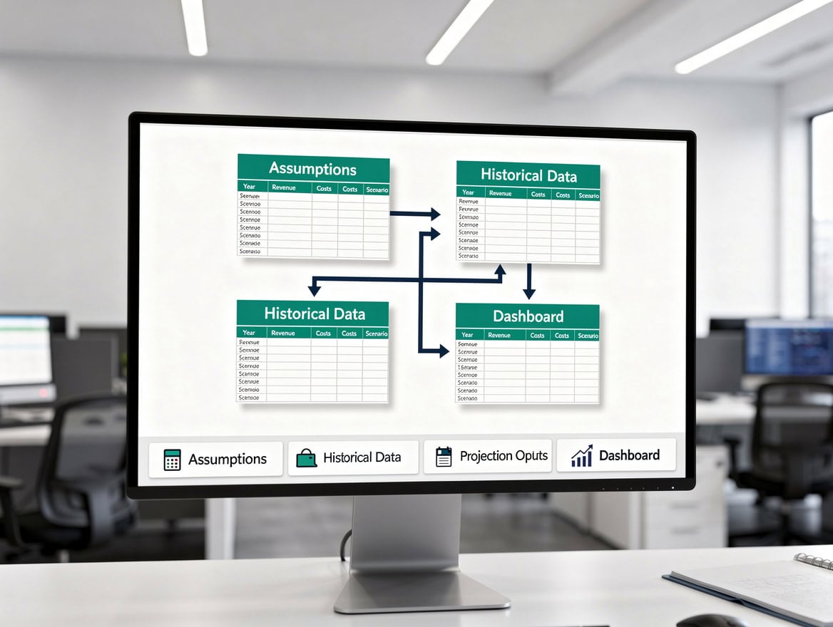 Diagram of the four-sheet Excel cash flow model architecture showing data flow between Assumptions Historical Data Projection Outputs and Dashboard tabs | eFinancialModels Diagram of the four-sheet Excel cash flow model architecture showing data flow between Assumptions, Historical Data, Projection Outputs, and Dashboard tabs