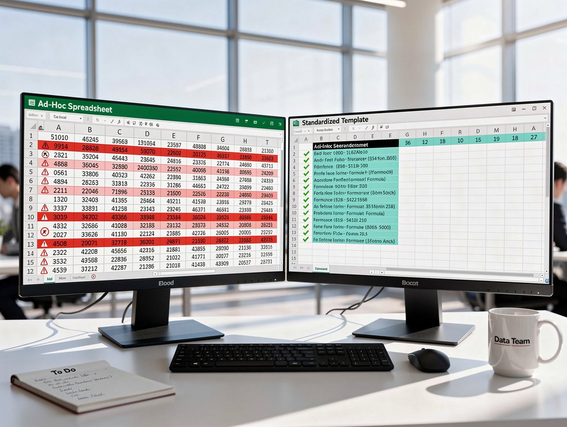Side-by-side comparison illustration of an ad-hoc spreadsheet with errors versus a standardized cash flow template with clean formula structure | eFinancialModels Side-by-side comparison illustration of an ad-hoc spreadsheet with errors versus a standardized cash flow template with clean formula structure