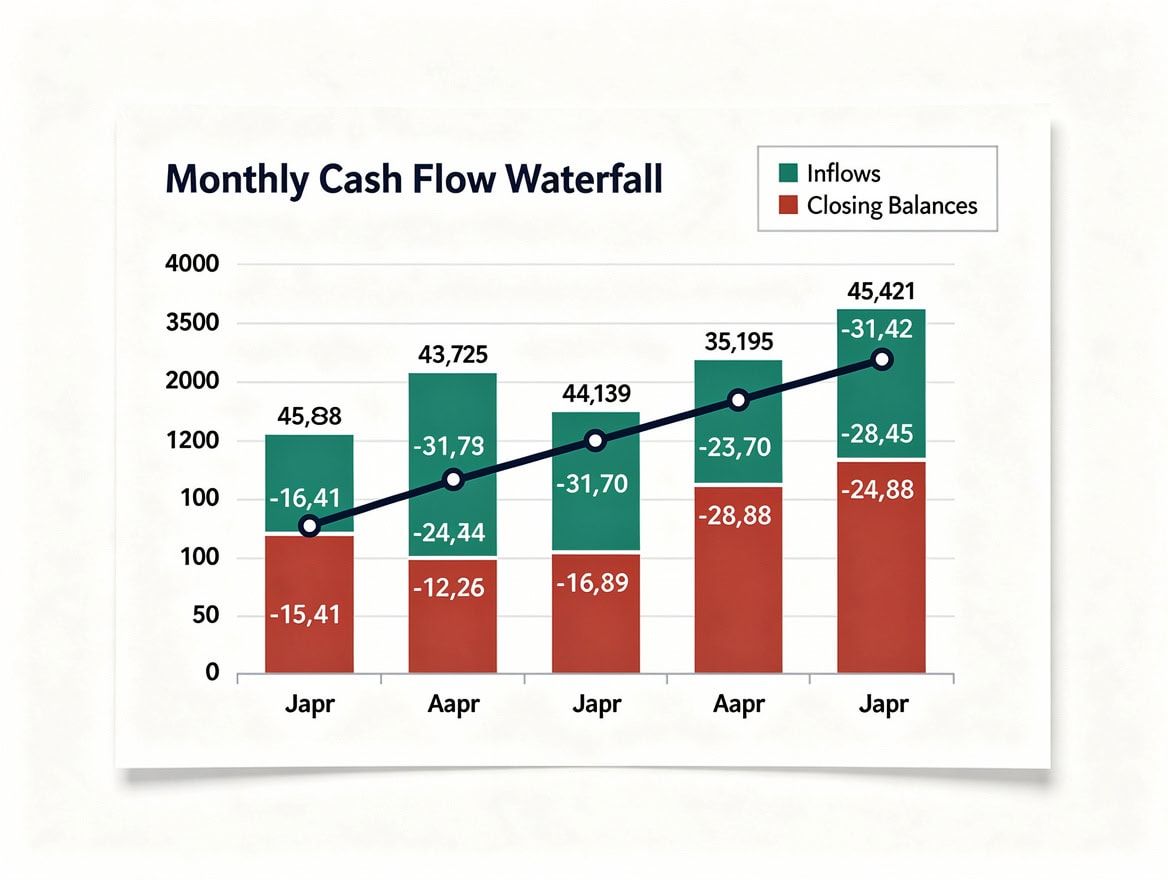 Waterfall chart showing monthly cash inflows outflows and closing balance trend for a B2B service business over 6 months | eFinancialModels Waterfall chart showing monthly cash inflows, outflows, and closing balance trend for a B2B service business over 6 months