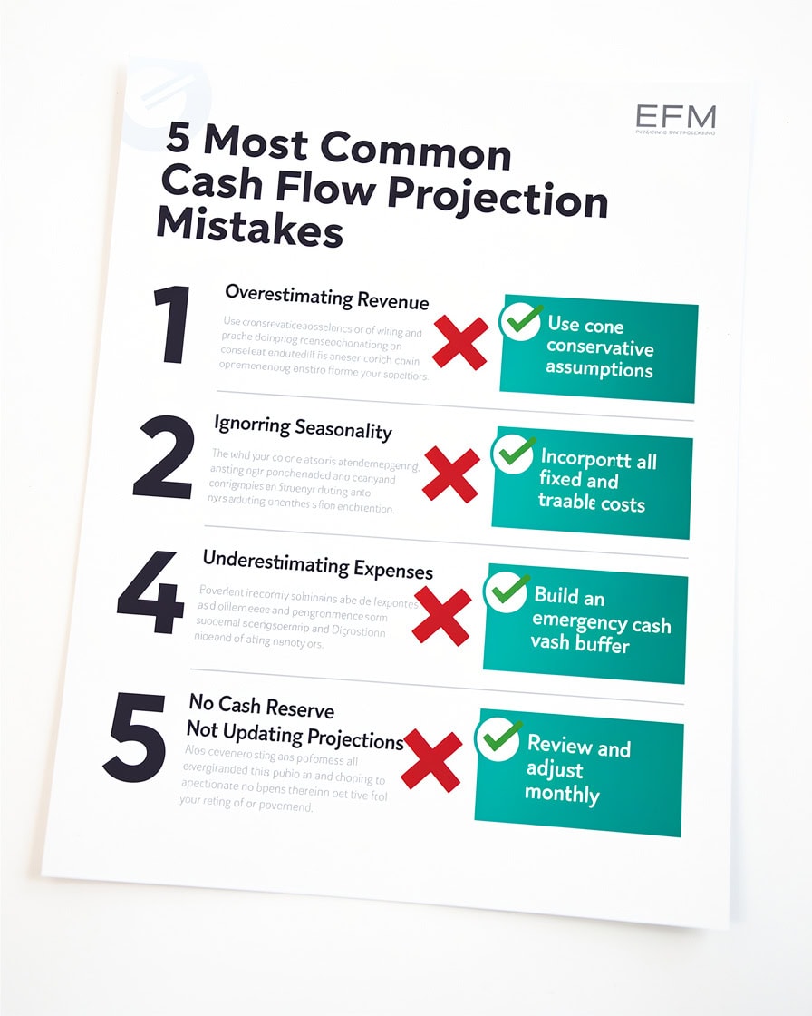 Tall infographic listing 5 common cash flow projection mistakes with red X icons and their corresponding fixes with teal-green checkmarks | eFinancialModels Tall infographic listing 5 common cash flow projection mistakes with red X icons and their corresponding fixes with teal-green checkmarks