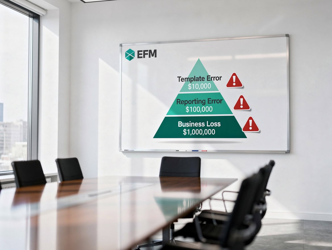 Diagram showing a risk escalation pyramid from template error at the base to business loss at the top with increasing dollar amounts | eFinancialModels Diagram showing a risk escalation pyramid from template error at the base to business loss at the top with increasing dollar amounts