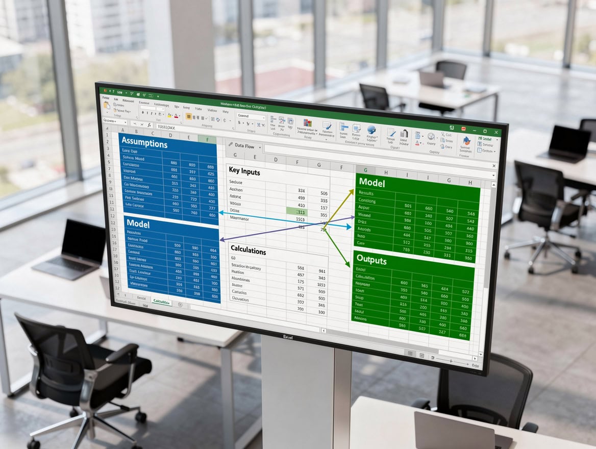 Diagram of a well-structured Excel financial template showing blue input cells white calculation cells and green output cells in separate tabs | eFinancialModels Diagram of a well-structured Excel financial template showing blue input cells, white calculation cells, and green output cells in separate tabs