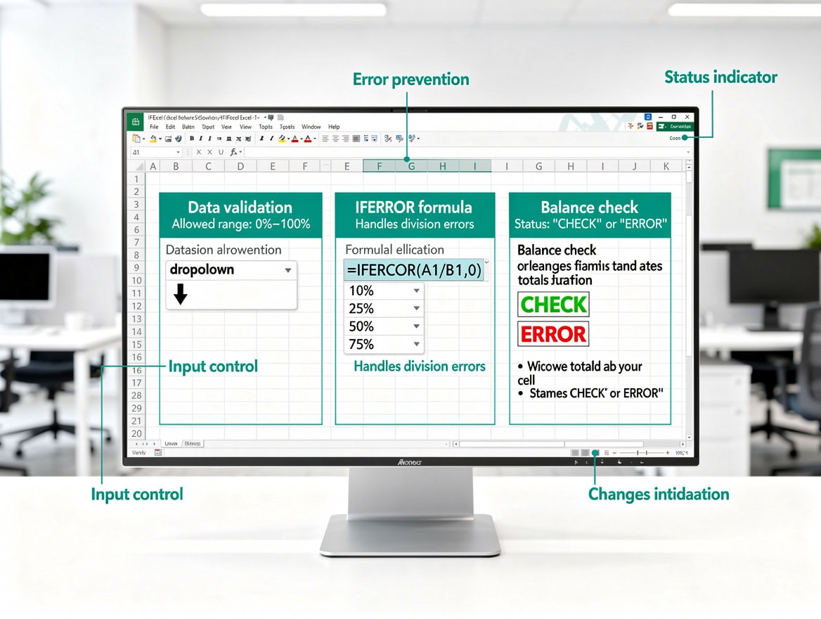 Diagram showing three Excel error prevention features data validation dropdown IFERROR formula and a balance check cell | eFinancialModels Diagram showing three Excel error prevention features: data validation dropdown, IFERROR formula, and a balance check cell