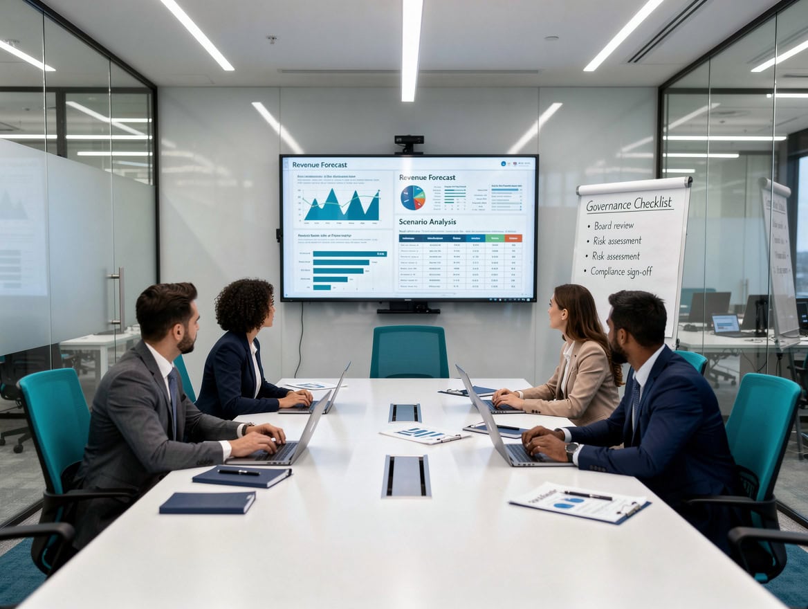 Finance team reviewing a financial model in a meeting room with a governance checklist on a whiteboard | eFinancialModels Finance team reviewing a financial model in a meeting room with a governance checklist on a whiteboard