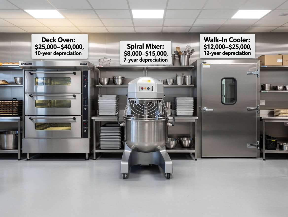 Infographic showing three major bakery equipment assets with cost ranges and 5-year MACRS depreciation timelines | eFinancialModels Infographic showing three major bakery equipment assets with cost ranges and 5-year MACRS depreciation timelines