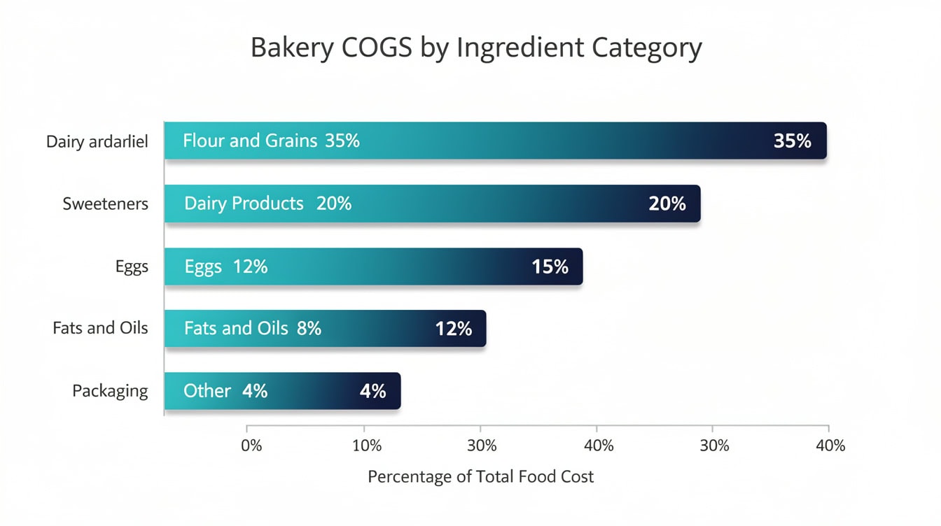 Wide horizontal bar chart showing bakery COGS breakdown by ingredient category as percentage of total food cost | eFinancialModels Wide horizontal bar chart showing bakery COGS breakdown by ingredient category as percentage of total food cost