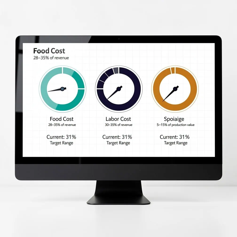 Square dashboard infographic showing three bakery operating expense benchmark gauges for food cost labor cost and spoilage | eFinancialModels Square dashboard infographic showing three bakery operating expense benchmark gauges for food cost, labor cost, and spoilage