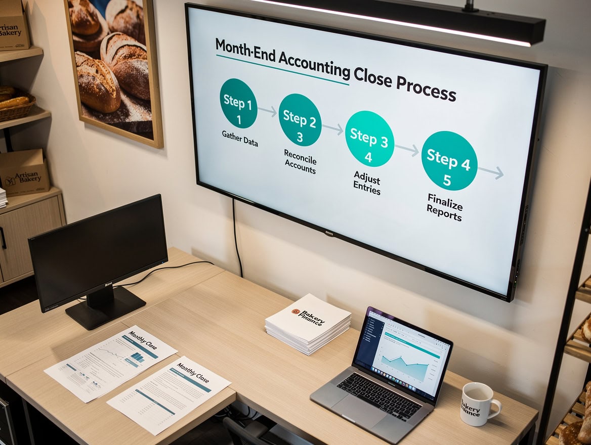 Flowchart showing the six-step month-end accounting close process for a bakery business | eFinancialModels Flowchart showing the six-step month-end accounting close process for a bakery business