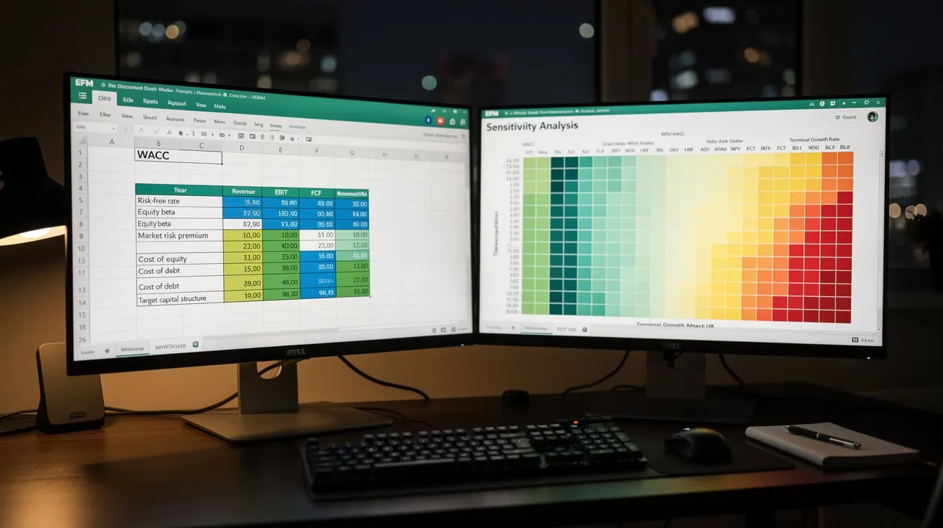 Excel workbook structure diagram showing four sheets for DCF model Assumptions Free Cash Flow Valuation Sensitivity | eFinancialModels Excel workbook structure diagram showing four sheets for DCF model: Assumptions, Free Cash Flow, Valuation, Sensitivity