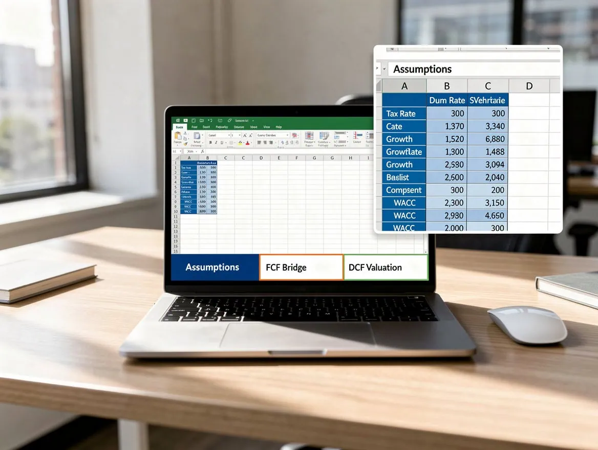 Illustration of Excel workbook with four color-coded sheet tabs and a zoomed view of the Assumptions sheet showing blue-filled input cells for DCF model parameters | eFinancialModels Excel workbook with four color-coded sheet tabs and a zoomed view of the Assumptions sheet showing blue-filled input cells for DCF model parameters