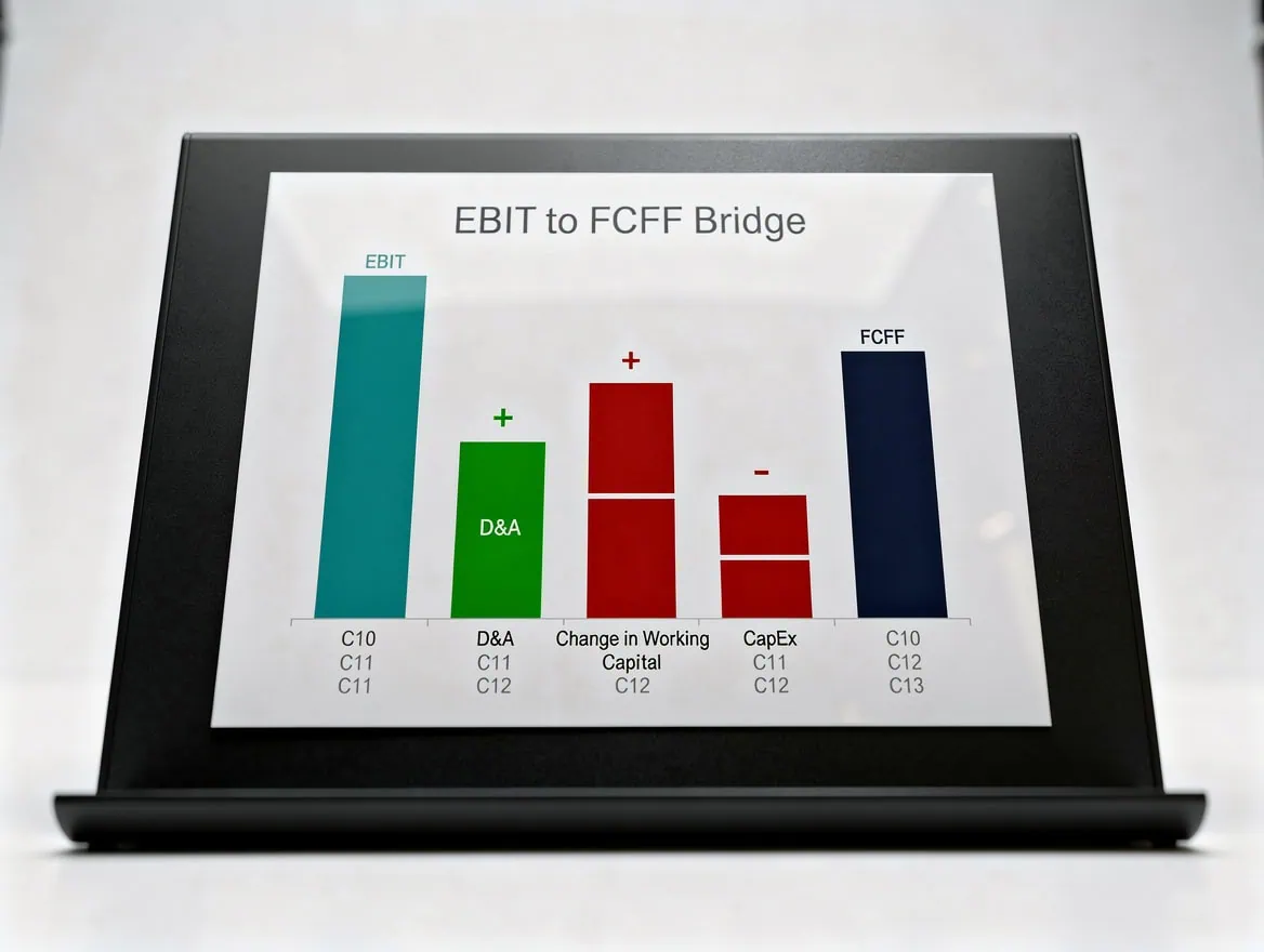 Waterfall chart diagram showing the EBIT-to-FCFF bridge with teal EBIT bar green DA add-back red working capital and CapEx deductions and navy FCFF result bar with Excel cell reference labels | eFinancialModels Waterfall chart showing the EBIT-to-FCFF bridge with teal EBIT bar, green D&A add-back, red working capital and CapEx deductions, and navy FCFF result bar with Excel cell reference labels