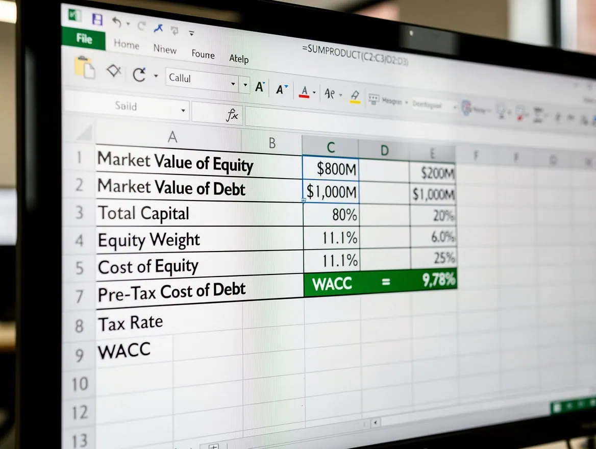 WACC formula diagram showing cost of equity and after-tax cost of debt weighted by capital structure | eFinancialModels WACC formula diagram showing cost of equity and after-tax cost of debt weighted by capital structure