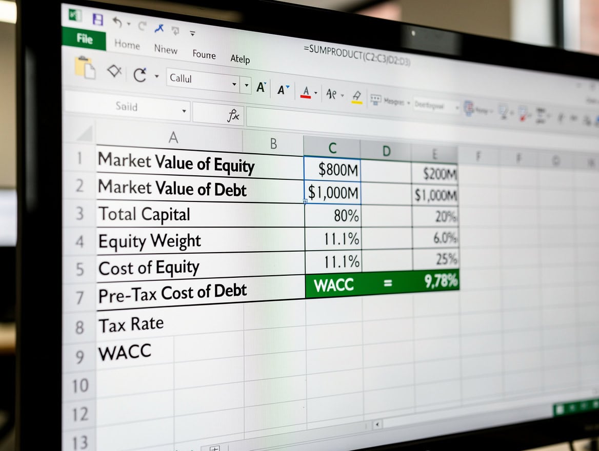 Vector diagram showing WACC formula split into equity and debt cost components with labeled arrows | eFinancialModels Vector diagram showing WACC formula split into equity and debt cost components with labeled arrows