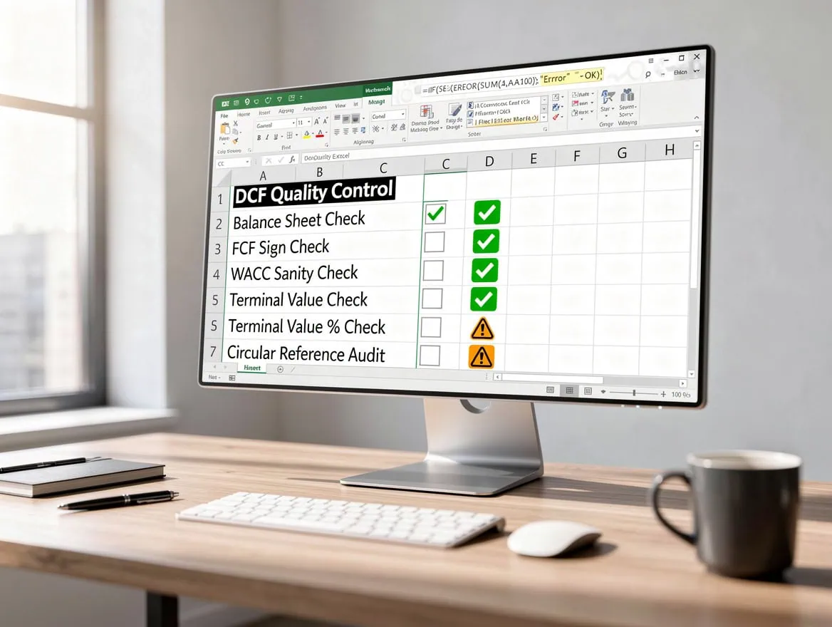 DCF model quality control checklist showing five error checks with green checkmarks and amber warning for terminal value percentage with Excel conditional formatting indicators | eFinancialModels DCF model quality control checklist showing five error checks with green checkmarks and amber warnings for the terminal value percentage and circular reference audit