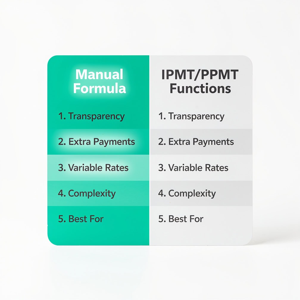 Diagram showing how 4 loan inputs feed into PMT IPMT and PPMT formulas to produce an amortization schedule | eFinancialModels Diagram showing how 4 loan inputs feed into PMT, IPMT, and PPMT formulas to produce an amortization schedule
