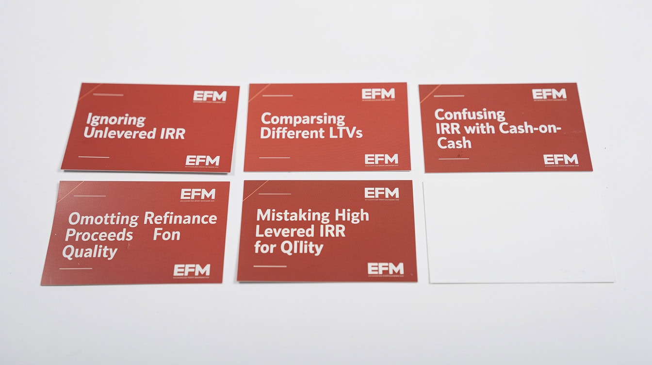 Five warning cards showing common pitfalls in levered IRR analysis | eFinancialModels Five warning cards showing common pitfalls in levered IRR analysis