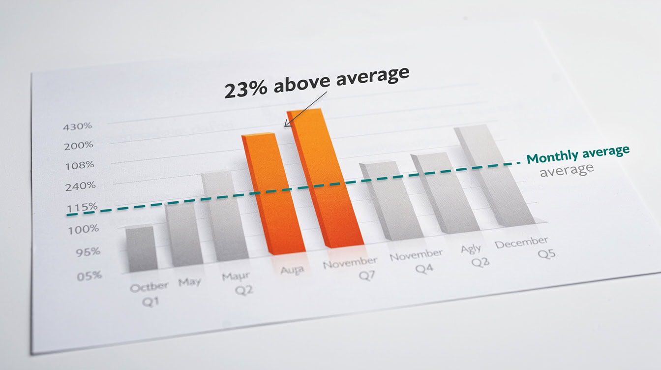 Bar chart showing seasonal revenue distribution with Q4 spending spike highlighted at 23 above average quarterly spend | eFinancialModels Bar chart showing seasonal revenue distribution with Q4 spending spike highlighted at 23% above average quarterly spend