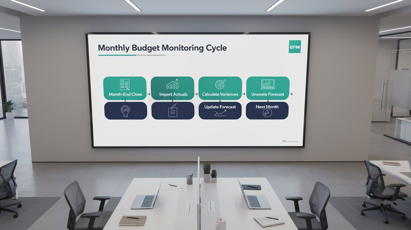 Circular diagram showing the monthly budget monitoring process from month-end close through variance analysis to forecast update | eFinancialModels Circular diagram showing the monthly budget monitoring process from month-end close through variance analysis to forecast update