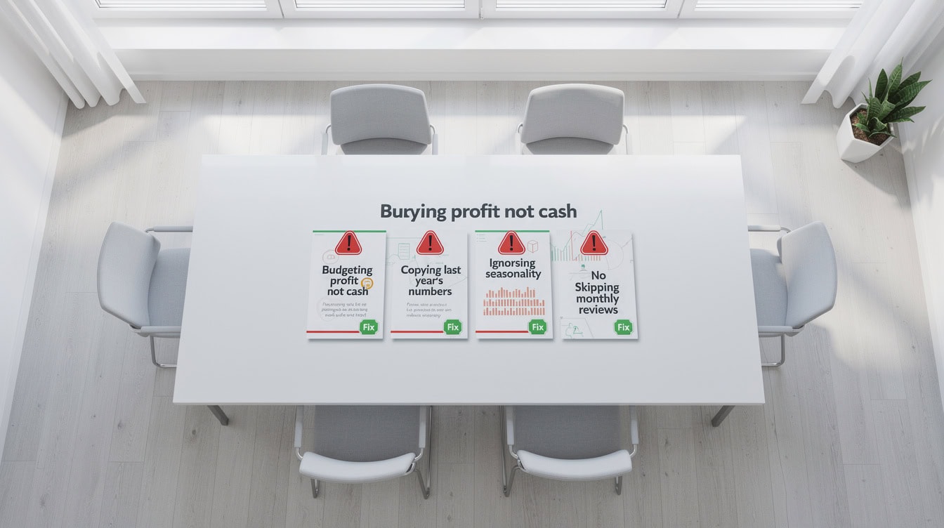 Five common budget pitfalls infographic with warning icons and specific fixes for each mistake | eFinancialModels Five common budget pitfalls infographic with warning icons and specific fixes for each mistake