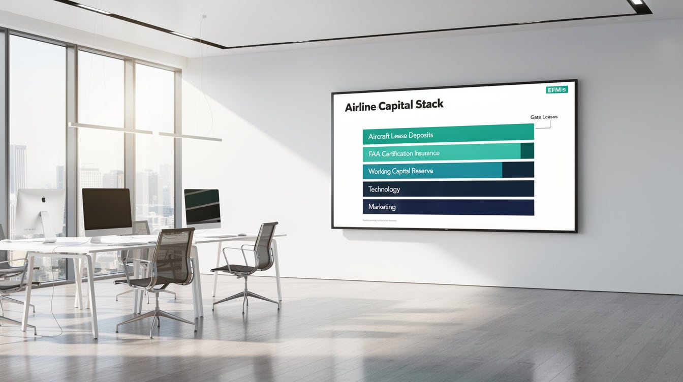 Airline startup capital stack diagram showing cost categories from aircraft leases to marketing | eFinancialModels Airline startup capital stack diagram showing cost categories from aircraft leases to marketing