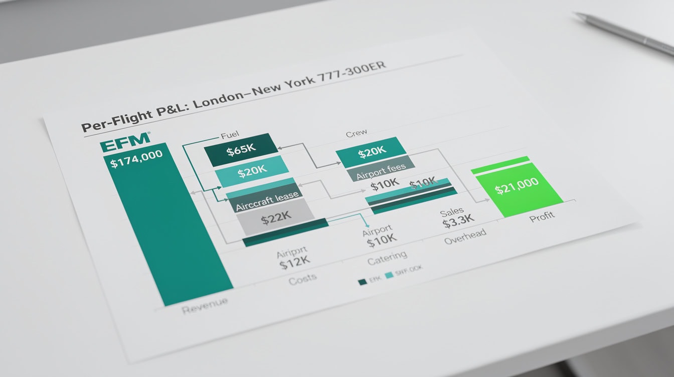 Per-flight profit and loss waterfall chart for London to New York Boeing 777-300ER showing 000 operating profit | eFinancialModels Per-flight profit and loss waterfall chart for London to New York Boeing 777-300ER showing ,000 operating profit