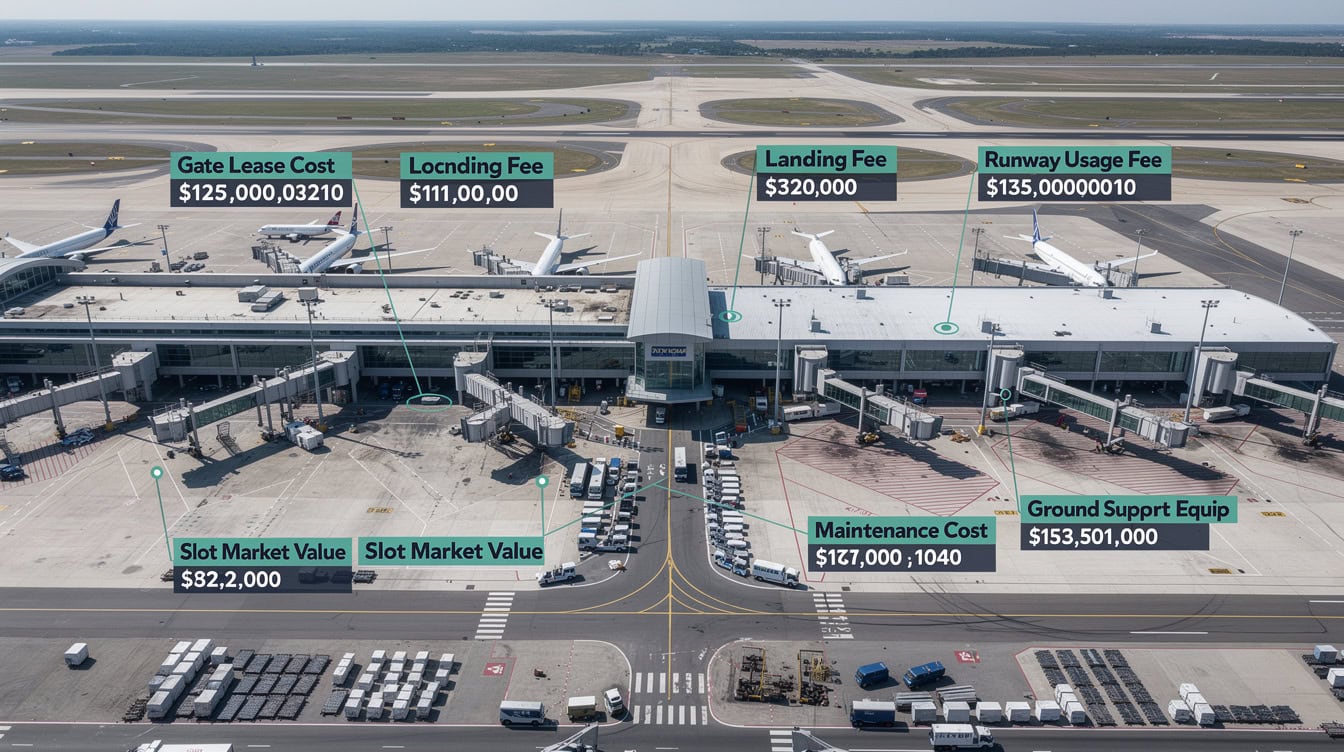 Airport infrastructure cost diagram showing gate leases landing fees slot values and ground support equipment costs | eFinancialModels Airport infrastructure cost diagram showing gate leases, landing fees, slot values, and ground support equipment costs