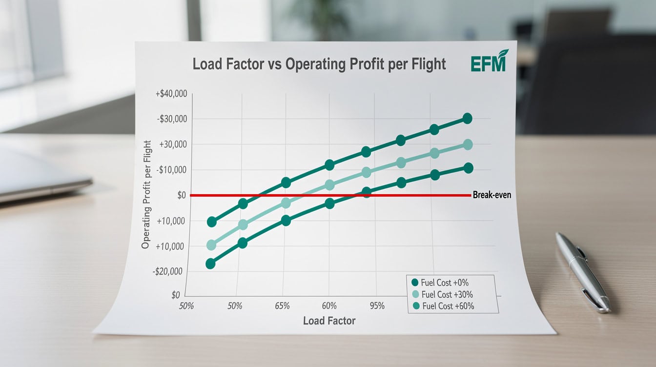 Scatter plot showing airline route operating profit versus load factor at three fuel cost scenarios | eFinancialModels Scatter plot showing airline route operating profit versus load factor at three fuel cost scenarios
