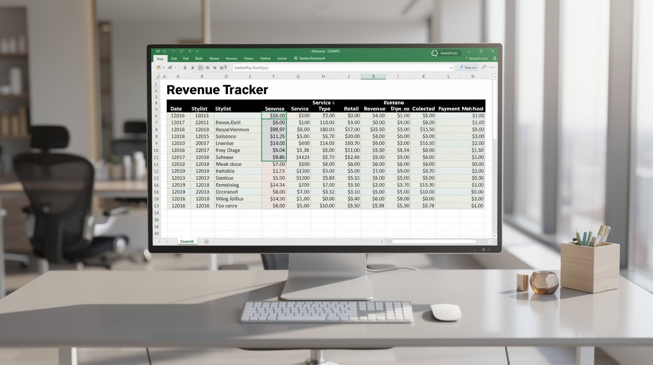 Excel Revenue Tracker sheet for hair salon showing SUMIF formula and daily revenue entries by stylist | eFinancialModels Excel Revenue Tracker sheet for a hair salon showing daily revenue entries by stylist