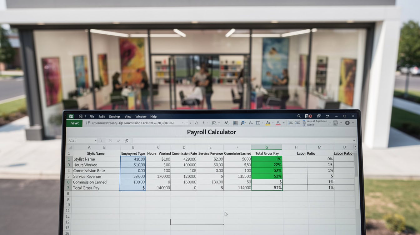 Excel Payroll Calculator sheet showing commission formula and labor cost ratio with conditional formatting | eFinancialModels Excel Payroll Calculator sheet showing commission formula and labor cost ratio with conditional formatting