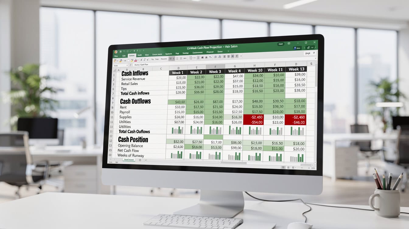 13-week rolling cash flow projection Excel sheet for hair salon showing weekly cash position and runway calculation | eFinancialModels 13-week rolling cash flow projection Excel sheet for hair salon showing weekly cash position and runway calculation