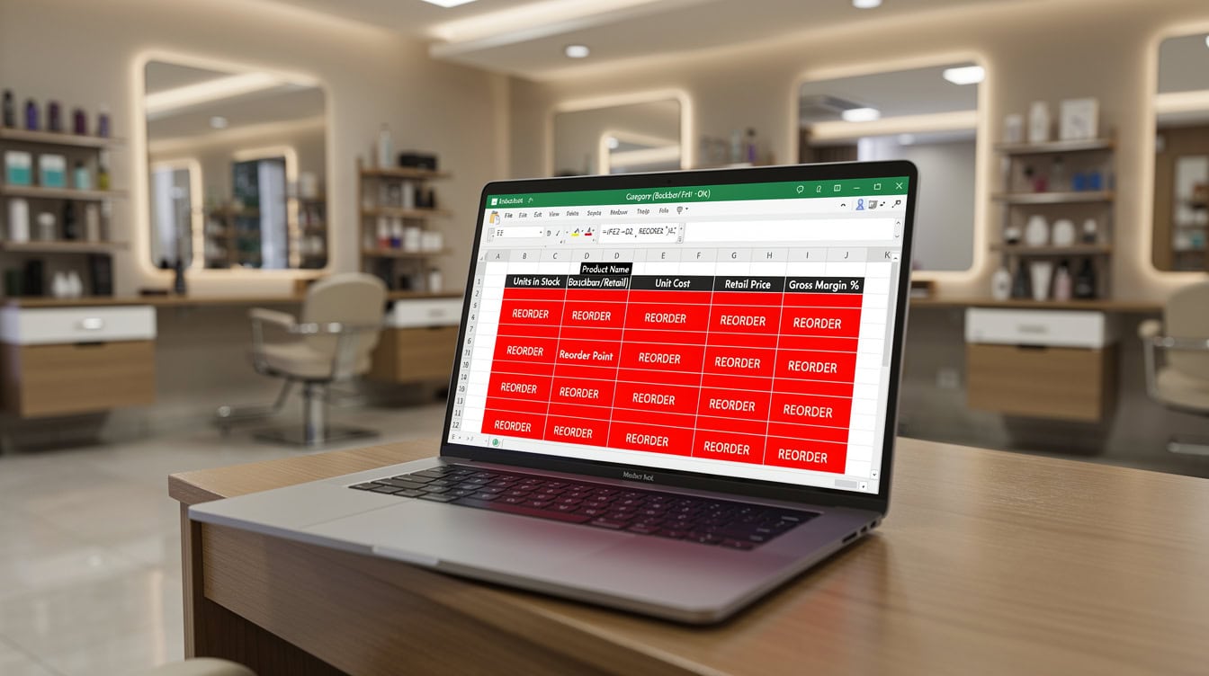 Excel Inventory Tracker for hair salon showing reorder alerts in red and gross margin percentage column | eFinancialModels Excel Inventory Tracker for hair salon showing reorder alerts in red and gross margin percentage column