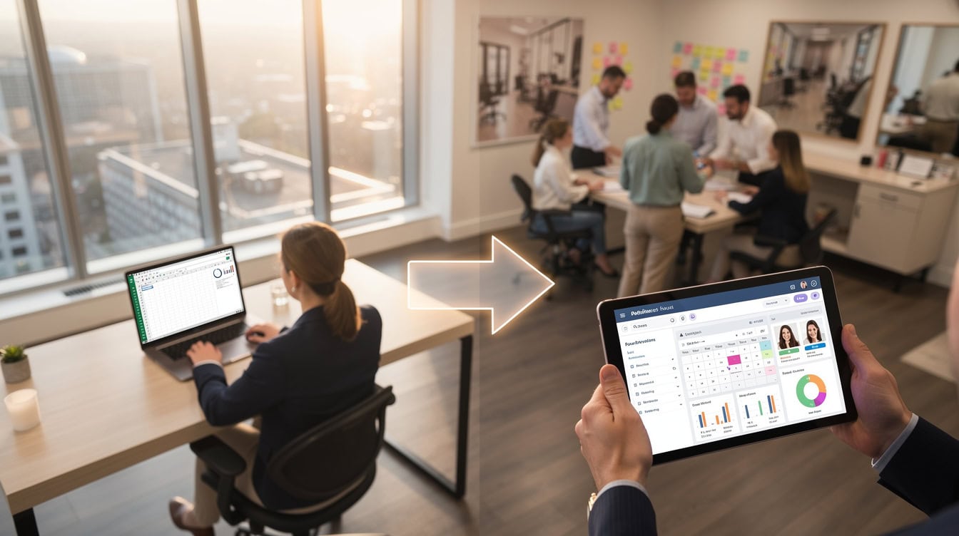 Illustration comparing Excel spreadsheet use for small salons versus dedicated software for larger multi-location salons | eFinancialModels Comparison showing a salon owner working in an Excel spreadsheet on one side and a dedicated salon software dashboard on a tablet on the other