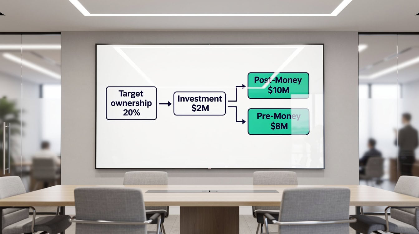 Diagram showing how to calculate minimum pre-money valuation from a desired ownership percentage and investment amount | eFinancialModels Diagram showing how to calculate minimum pre-money valuation from a desired ownership percentage and investment amount
