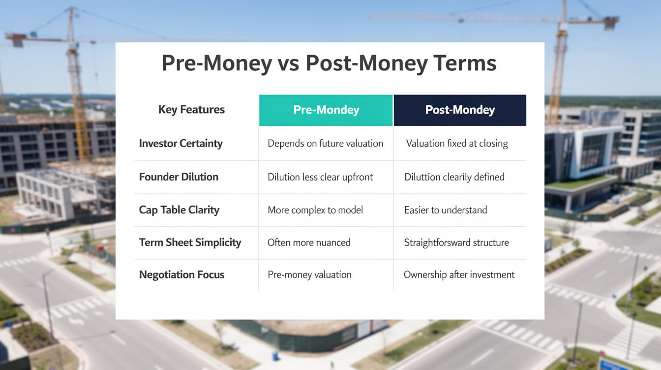 Comparison table showing pre-money versus post-money term sheet features including investor certainty founder dilution and option pool impact | eFinancialModels Comparison table showing pre-money versus post-money term sheet features including investor certainty, founder dilution, and option pool impact