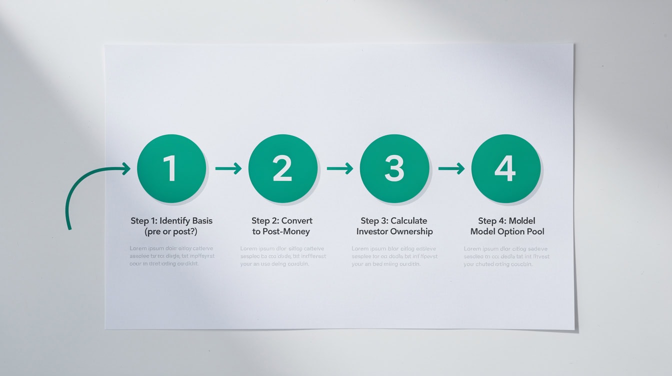 Four-step decision framework diagram for evaluating pre-money and post-money valuation terms on a term sheet | eFinancialModels Four-step decision framework diagram for evaluating pre-money and post-money valuation terms on a term sheet