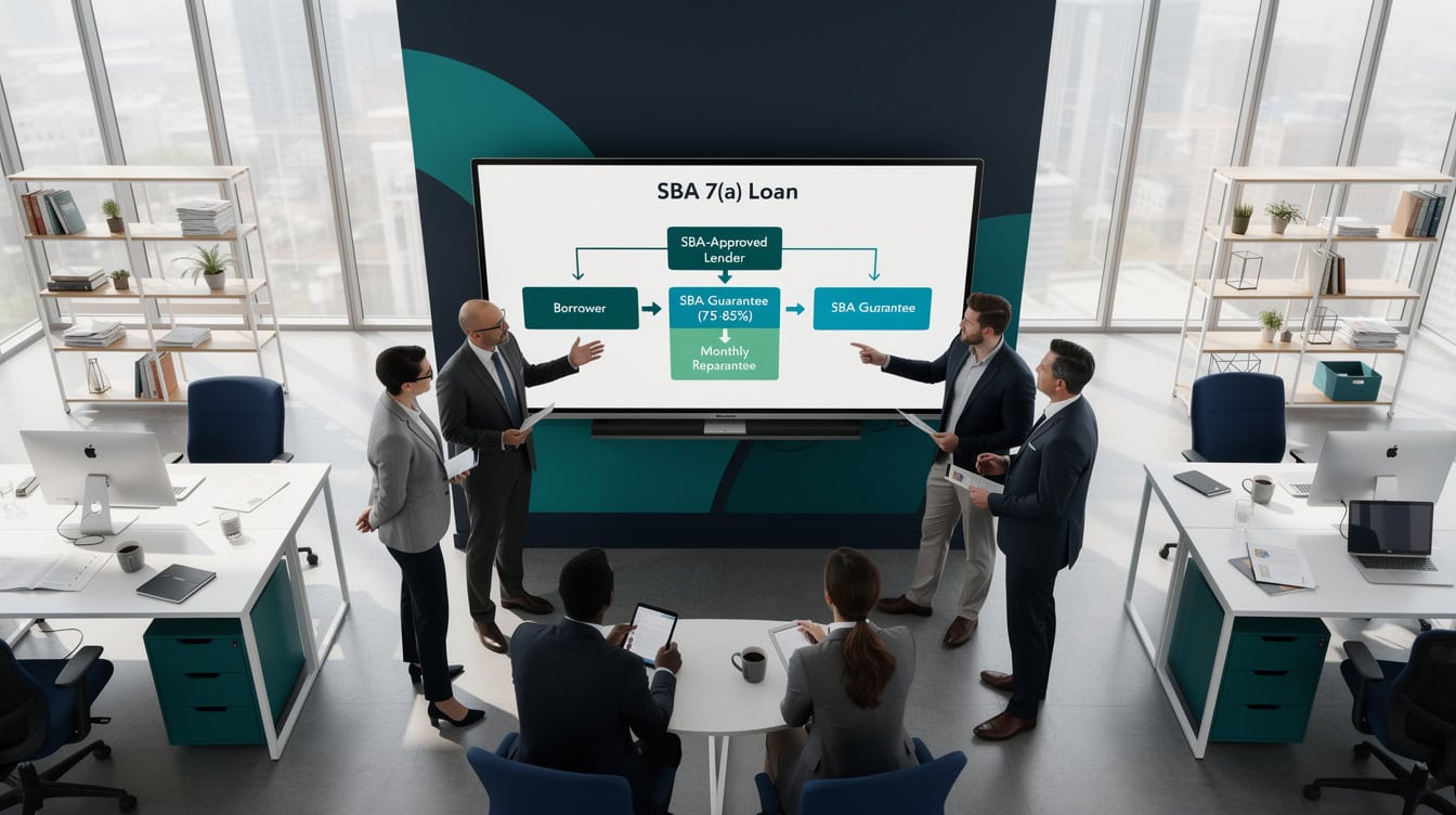 SBA 7a loan mechanics diagram showing borrower lender SBA guarantee and personal guarantee relationships | eFinancialModels SBA 7(a) loan mechanics diagram showing borrower, lender, SBA guarantee, and personal guarantee relationships