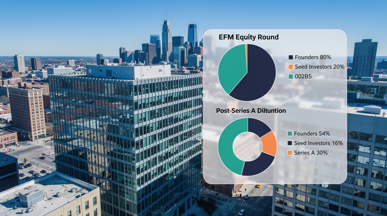 Seed equity round dilution pie charts showing founder ownership before and after Series A financing | eFinancialModels Seed equity round dilution pie charts showing founder ownership before and after Series A financing